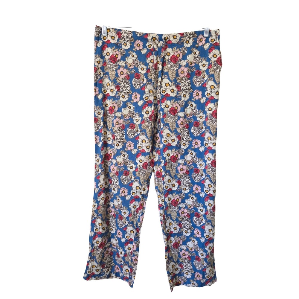 Mahogany Womens XL Pajama Pants Blue Floral Cotton Drawstring Straight Leg